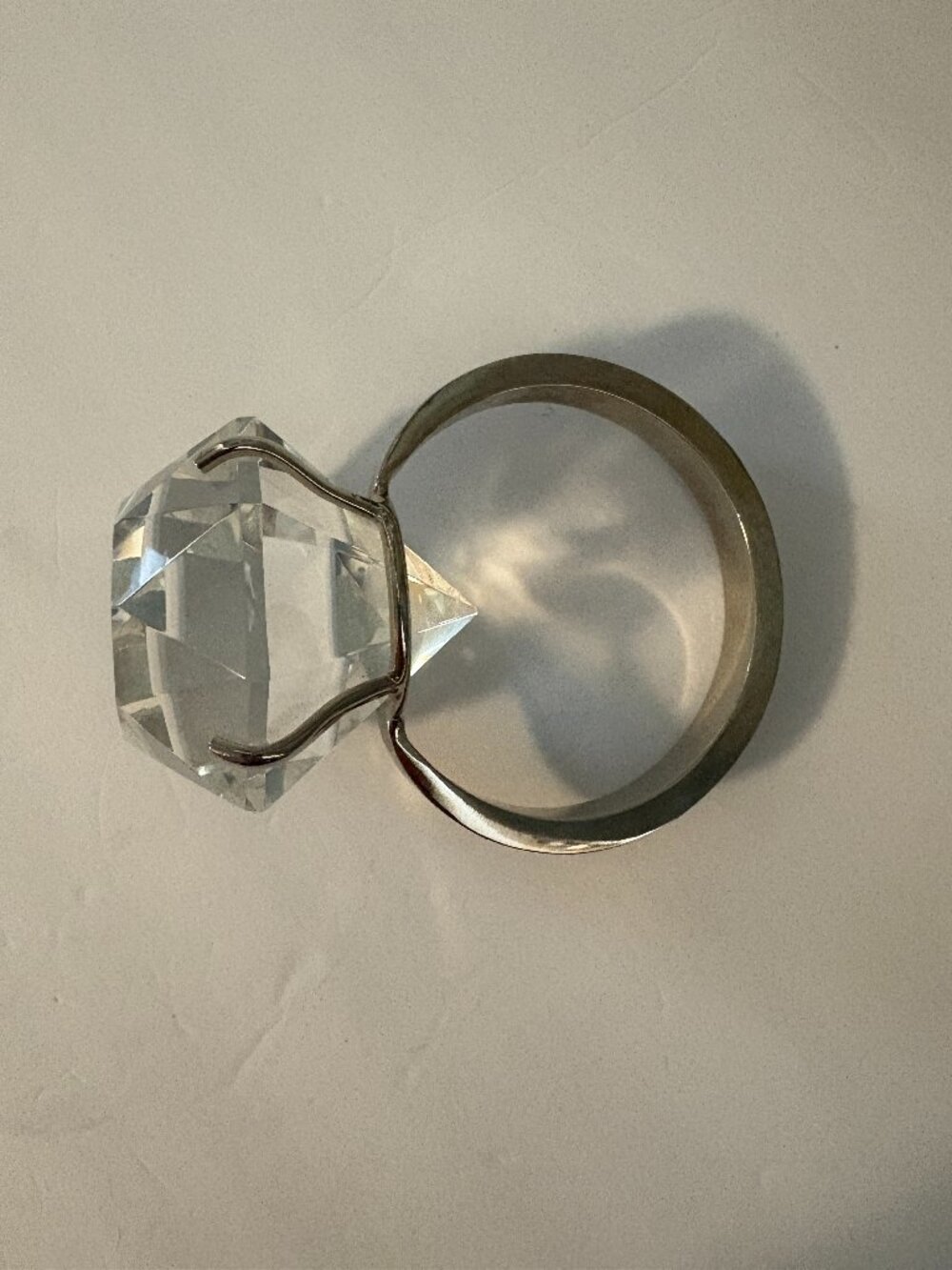 Vintage Giant Novelty Faux Diamond Ring Clear Glass Metal Decor/Paperweight